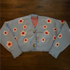 Cropped Light Blue Floral Button-Front Cardigan